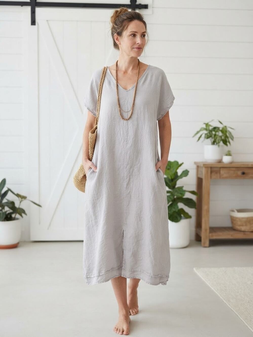 Flax organic Linen Large Maxi dress V neckline Pockets front slit